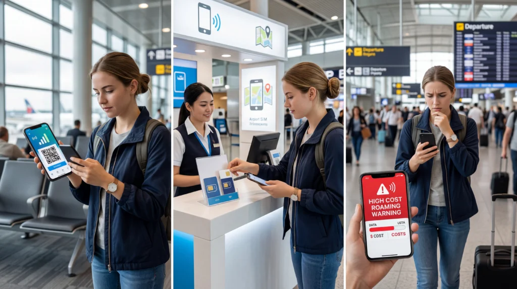 Comparison of eSIM, local SIM card, and roaming options for mobile internet while traveling