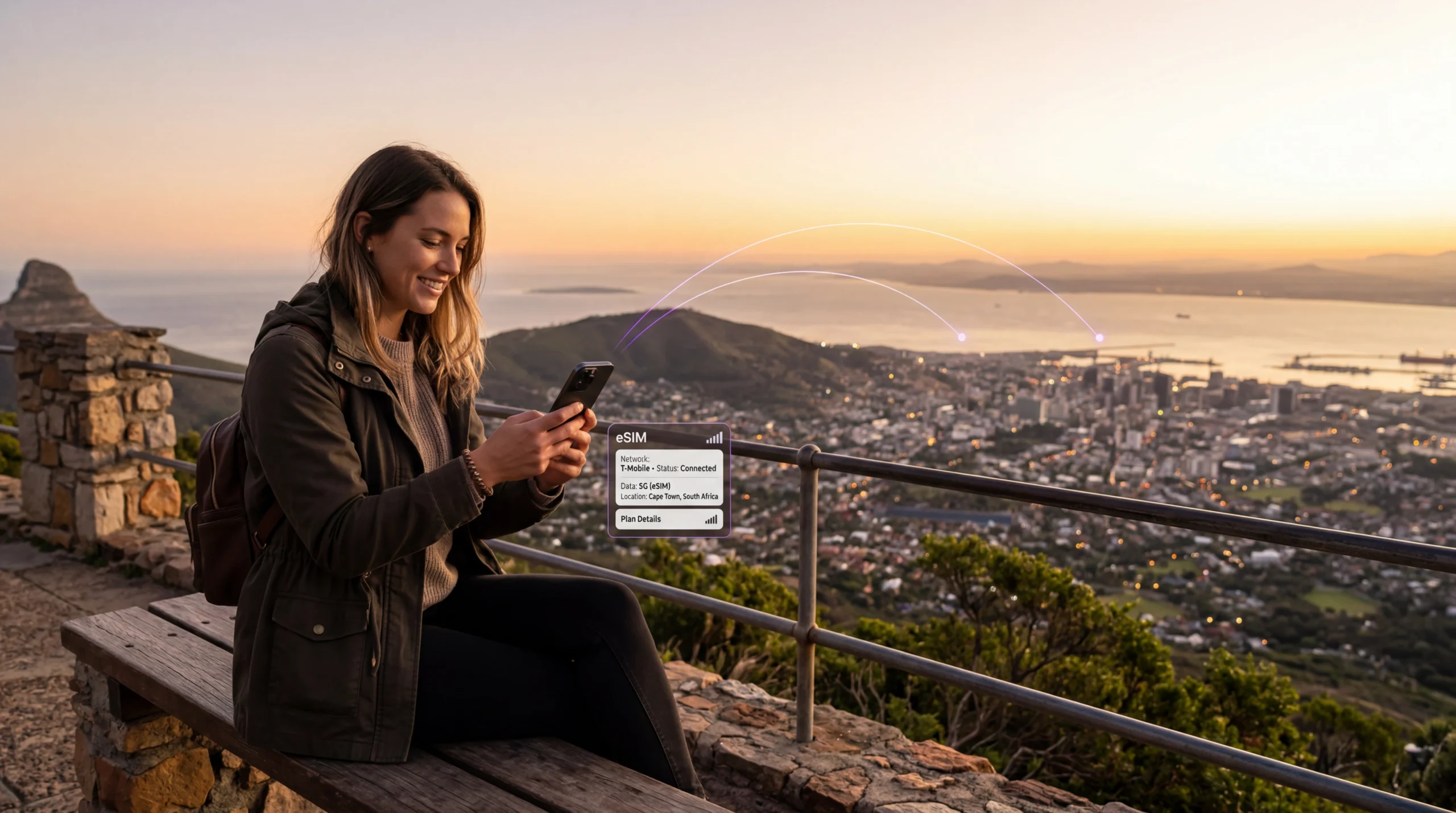 Traveler using smartphone with global eSIM connection
