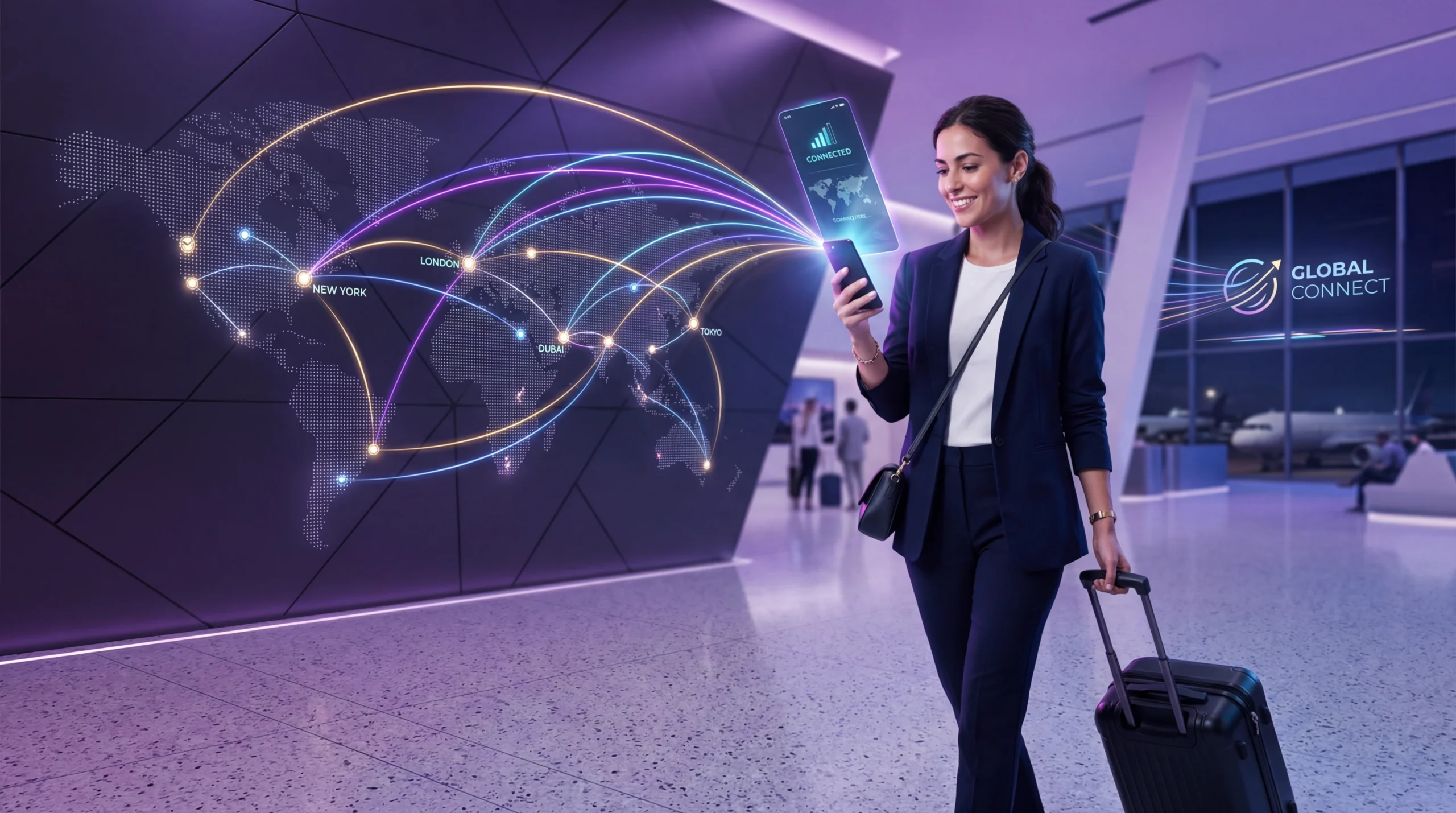 Traveler using eSIM mobile data on smartphone at airport with global connectivity