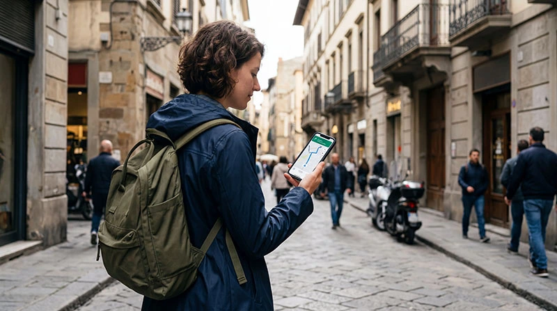 Traveler using Google Maps navigation on smartphone while traveling abroad