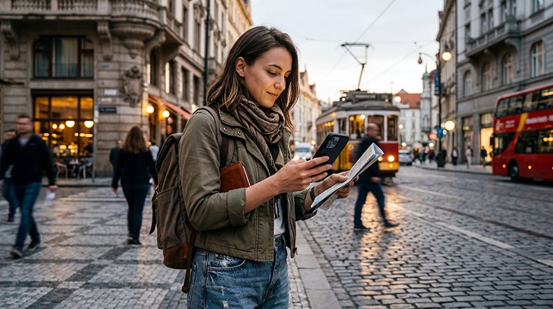 Traveler using smartphone for navigation and travel apps while exploring a city abroad