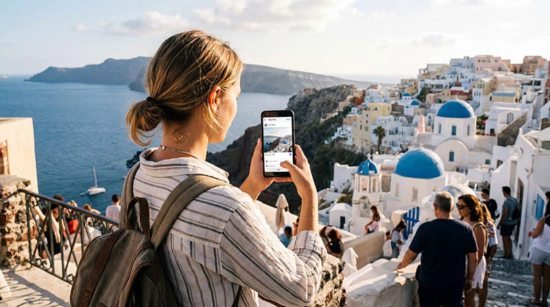 Traveler using Instagram on smartphone while traveling abroad