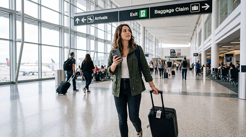 Traveler using smartphone for navigation immediately after landing at an airport abroad
