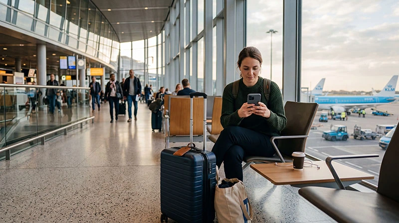 Traveler using smartphone for internet at Amsterdam Schiphol Airport after landing