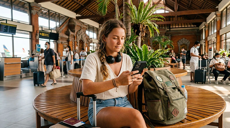 Traveler using smartphone for internet at Bali Denpasar Airport after landing in Indonesia