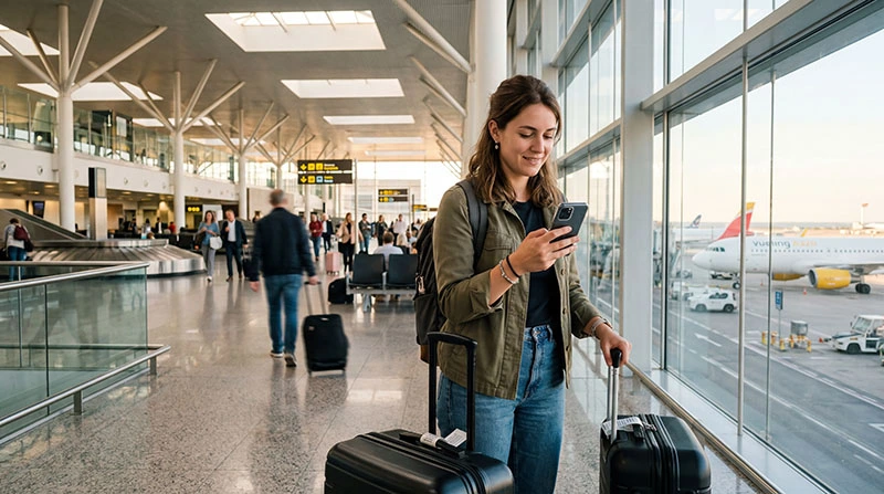 Traveler using smartphone for internet at Barcelona airport after landing in Spain