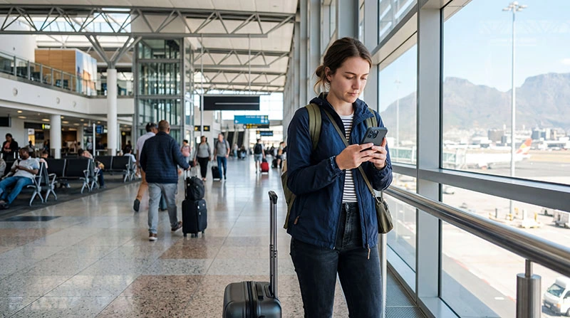 Traveler using smartphone for internet at Cape Town International Airport after landing in South Africa