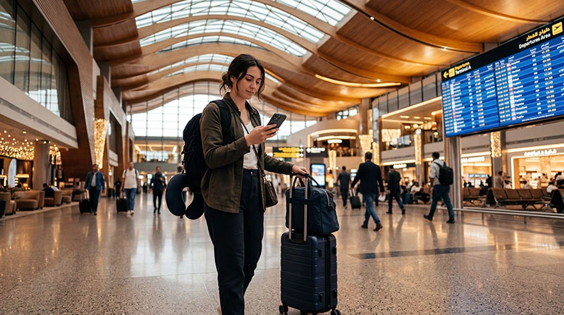 Traveler using smartphone for internet at Doha Hamad International Airport after landing in Qatar