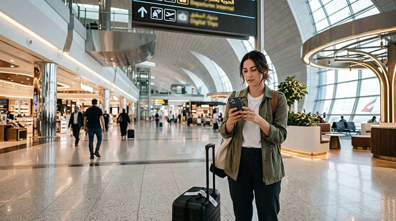 Traveler using smartphone for internet at Dubai International Airport after landing
