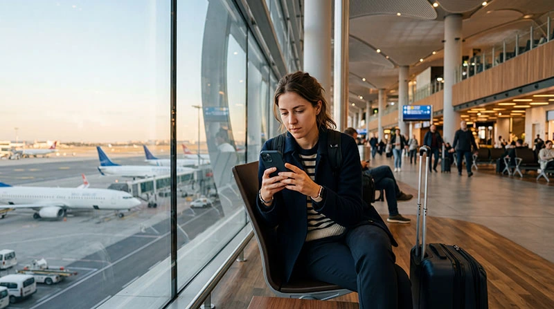 Traveler using smartphone for internet at Istanbul Airport after landing in Turkey