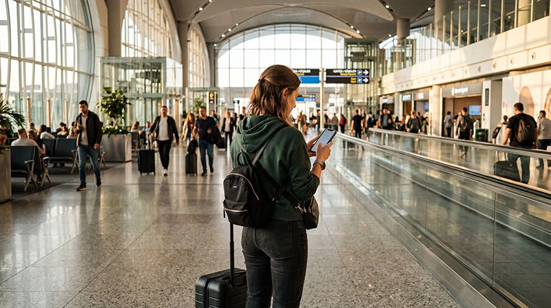 Traveler using smartphone for internet at Istanbul Sabiha Gökçen Airport after landing in Turkey