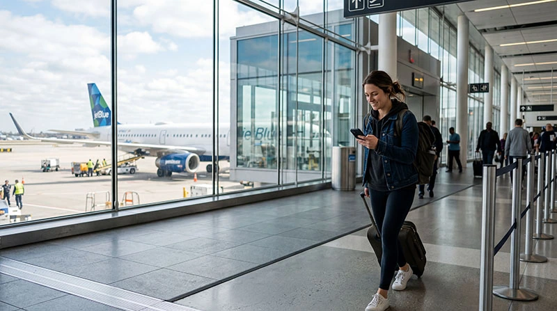 Traveler using smartphone for mobile internet at JFK Airport New York arrival terminal