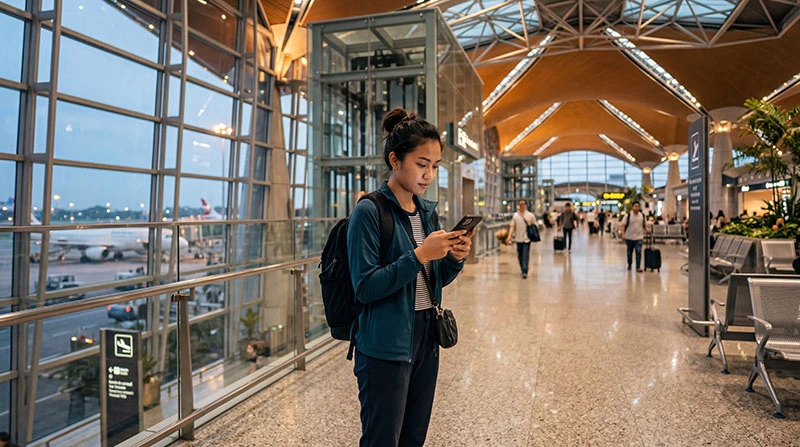 Traveler using smartphone for internet at Kuala Lumpur International Airport after landing in Malaysia