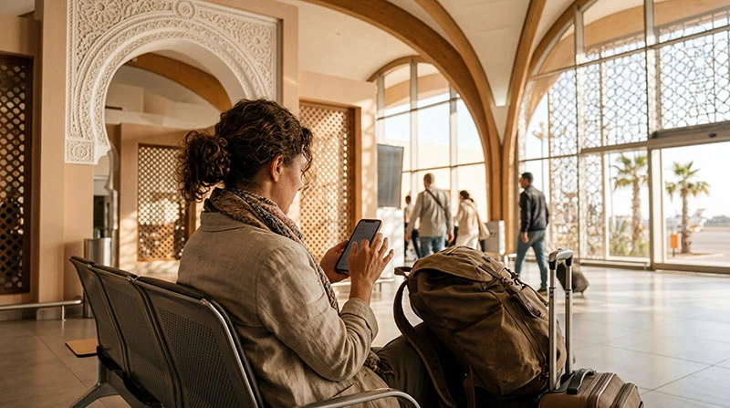 Traveler using smartphone for internet at Marrakech Menara Airport after landing in Morocco