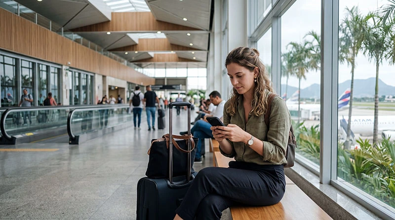 Traveler using smartphone for internet at Rio de Janeiro Airport after landing in Brazil