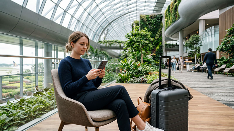 Traveler using smartphone for internet at Singapore Changi Airport during transit
