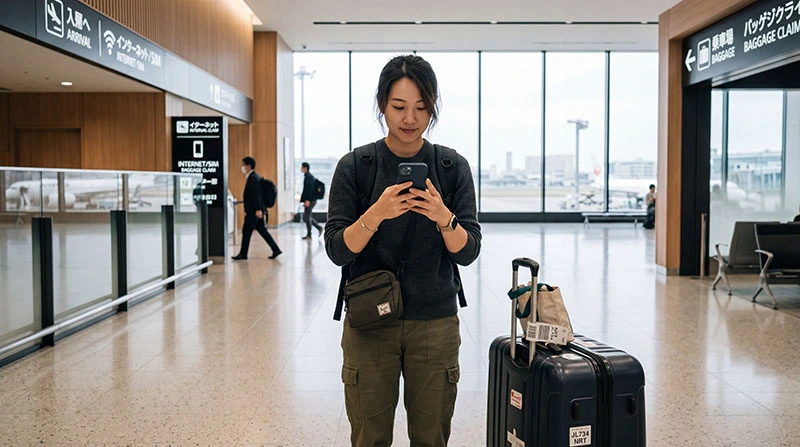 Traveler using smartphone for internet at Tokyo airport after landing in Japan