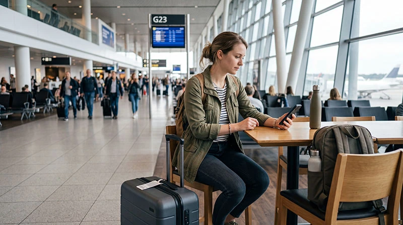 Traveler comparing eSIM, SIM card and roaming options on smartphone while traveling