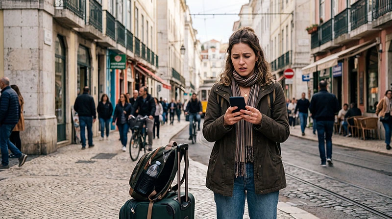 Traveler confused without internet connection while navigating in a foreign city