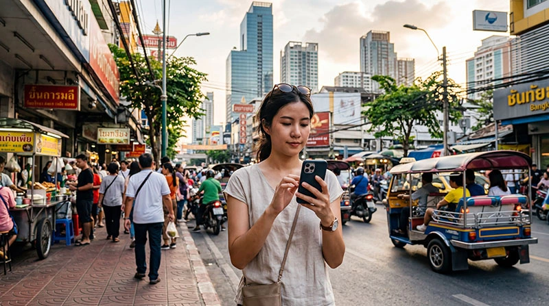 Tourist using mobile internet in Bangkok for maps and navigation with smartphone
