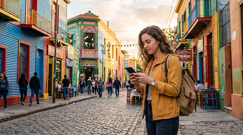 Tourist using smartphone for mobile internet in Buenos Aires with colorful streets and architecture