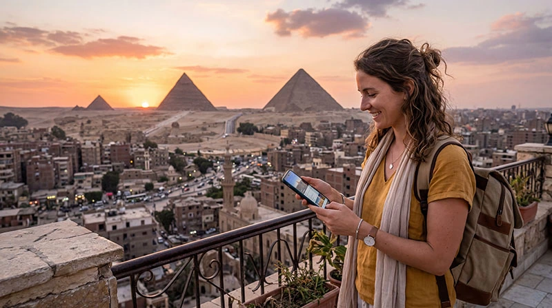 Tourist using smartphone for mobile internet in Cairo with pyramids and city skyline