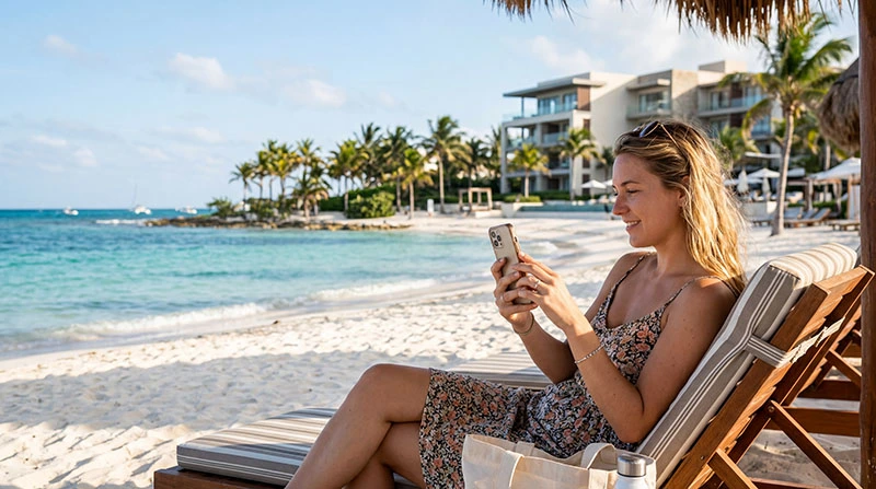 Tourist using smartphone for mobile internet on a beach in Cancun Mexico