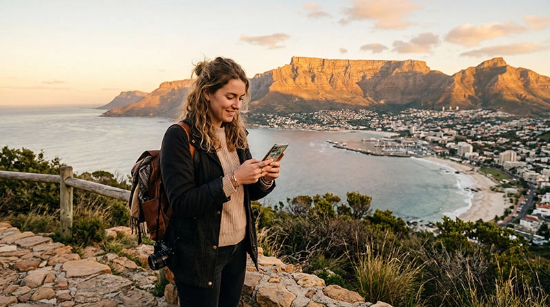 Traveler using smartphone for mobile internet in Cape Town with Table Mountain and coastline in the background