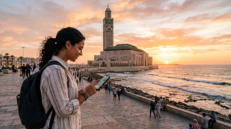 Tourist using smartphone for mobile internet in Casablanca with Hassan II Mosque and ocean