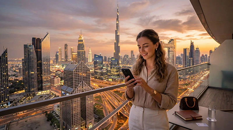 Tourist using smartphone for mobile internet in Dubai with Burj Khalifa skyline