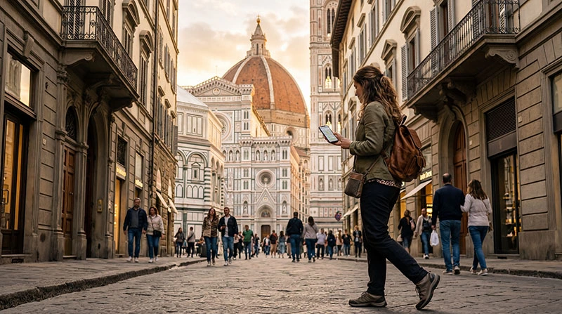 Tourist using smartphone for navigation in Florence Italy historic city center