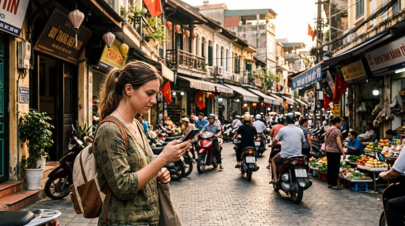 Tourist using smartphone for mobile internet in Hanoi Vietnam street market