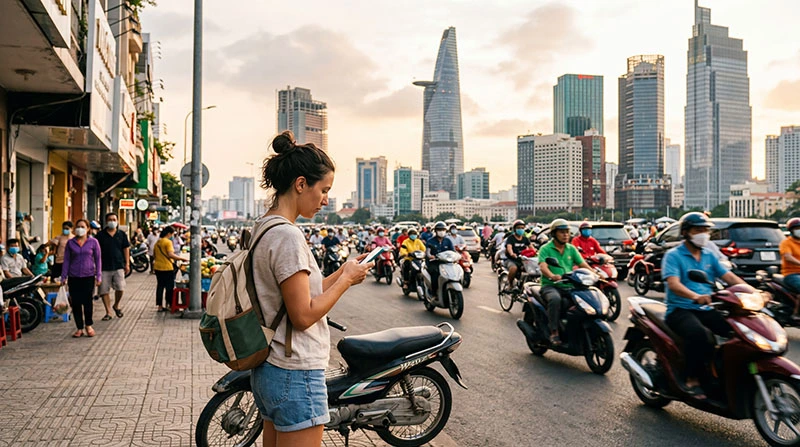 Tourist using smartphone for mobile internet in Ho Chi Minh City Vietnam with busy street traffic