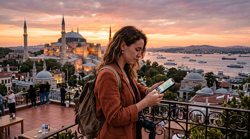 Tourist using smartphone for mobile internet in Istanbul with Hagia Sophia and Bosphorus in background