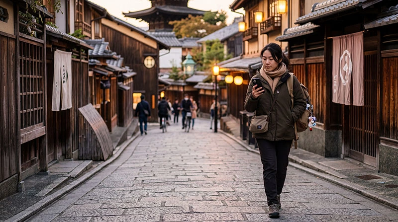 Tourist using smartphone for navigation in Kyoto Japan traditional street