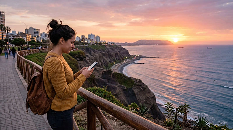 Tourist using smartphone for mobile internet in Lima Peru with coastal cliffs and ocean view