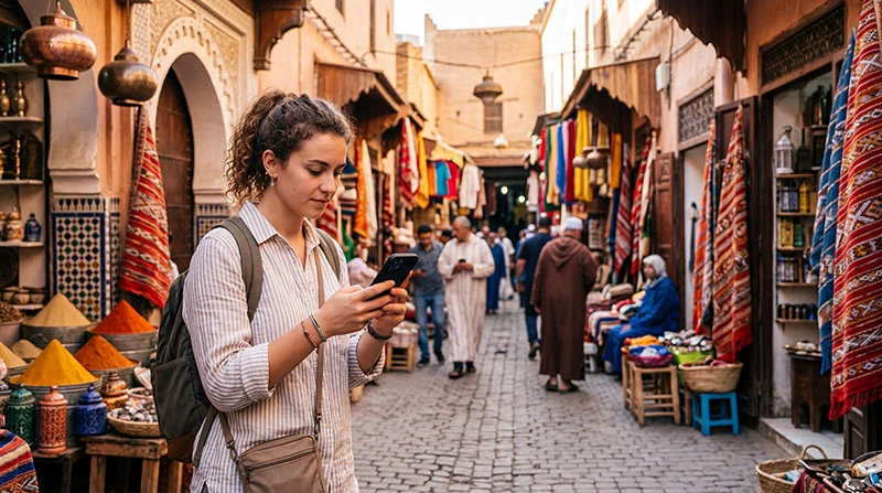 Tourist using smartphone for mobile internet in Marrakech Morocco in traditional market street