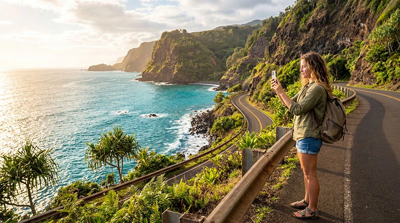 Traveler using smartphone for mobile internet in Maui Hawaii on scenic coastal road