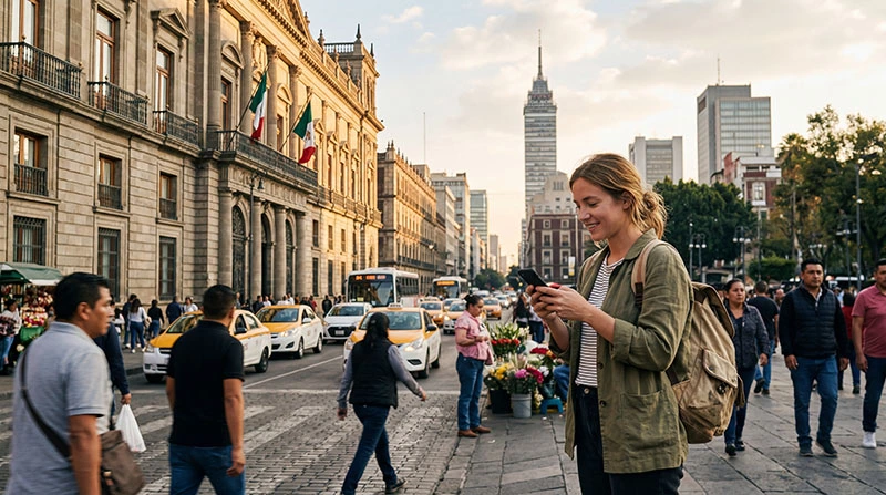 Tourist using smartphone for mobile internet in Mexico City with busy street and skyline