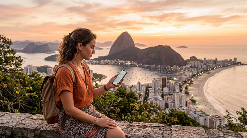 Tourist using smartphone for mobile internet in Rio de Janeiro with skyline and coastline in background