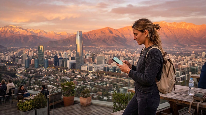 Tourist using smartphone for mobile internet in Santiago Chile with Andes mountains and skyline