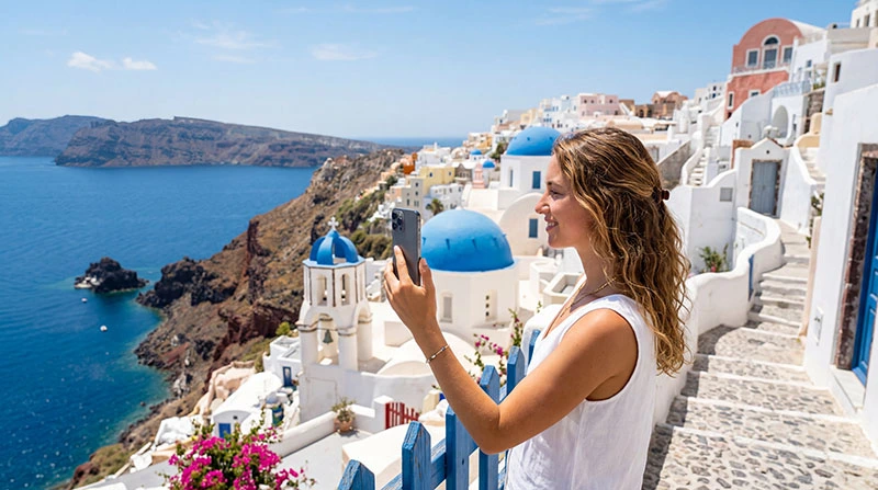 Tourist using smartphone for mobile internet in Santorini Greece with white buildings and blue domes