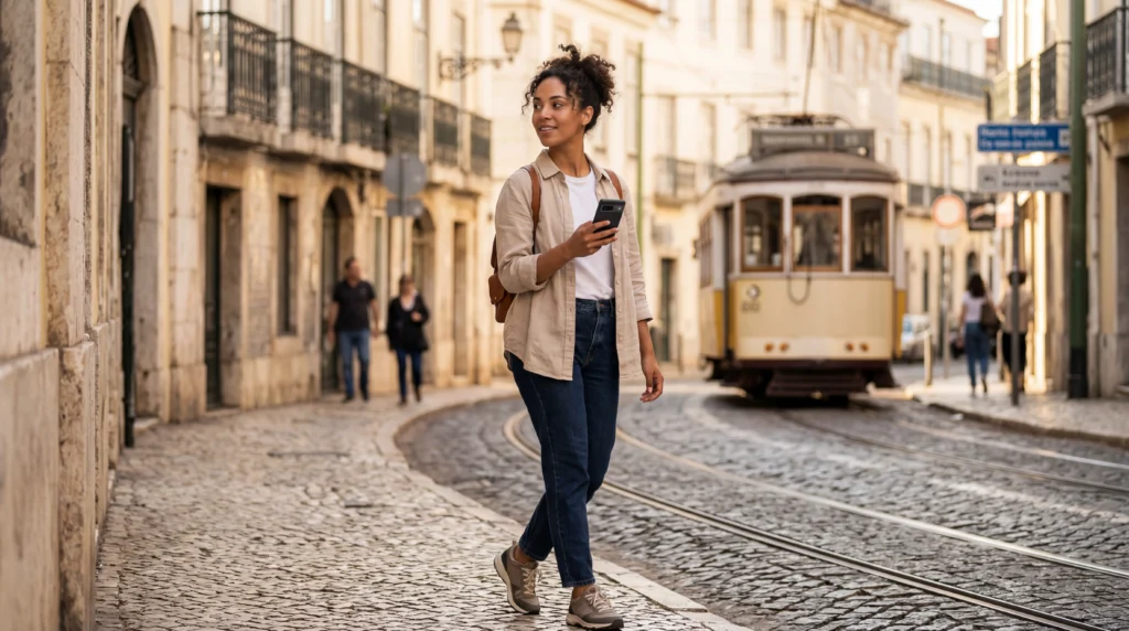 Traveler using mobile internet on smartphone for navigation while exploring a city abroad