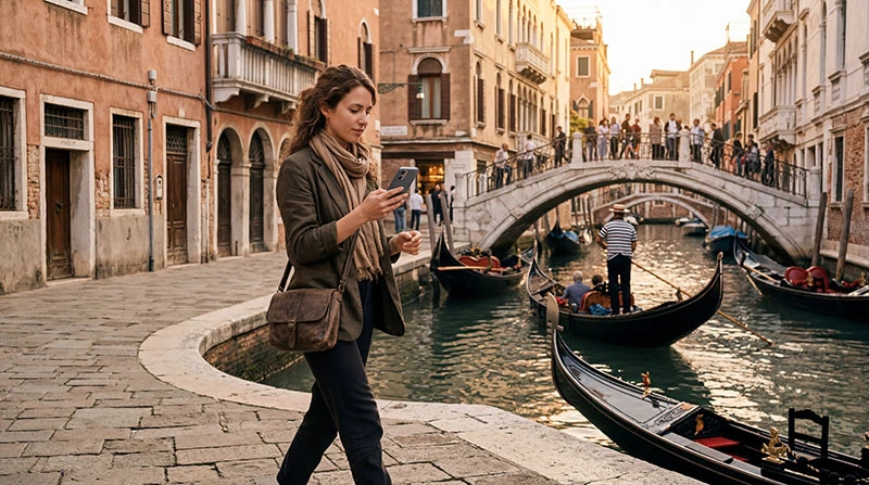 Tourist using smartphone for navigation in Venice Italy near canal and historic buildings