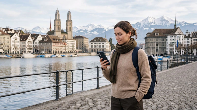 Tourist using smartphone for navigation in Zurich Switzerland near lake and historic buildings
