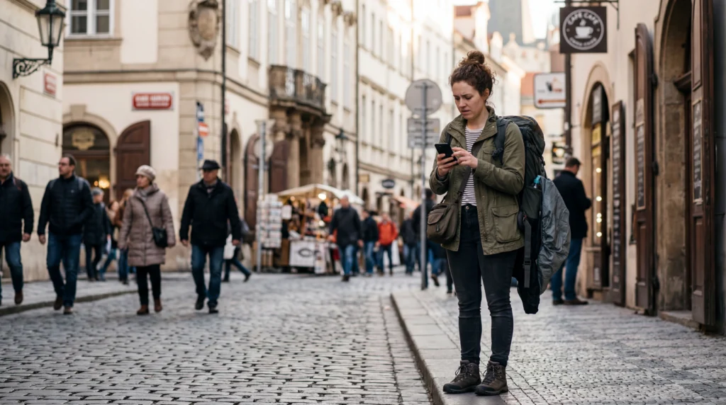 Traveler without mobile internet feeling lost in a foreign city while using smartphone abroad
