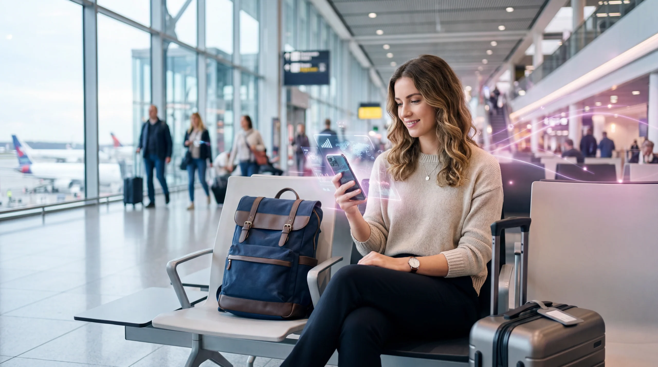 traveler using smartphone with eSIM mobile data at airport before departure