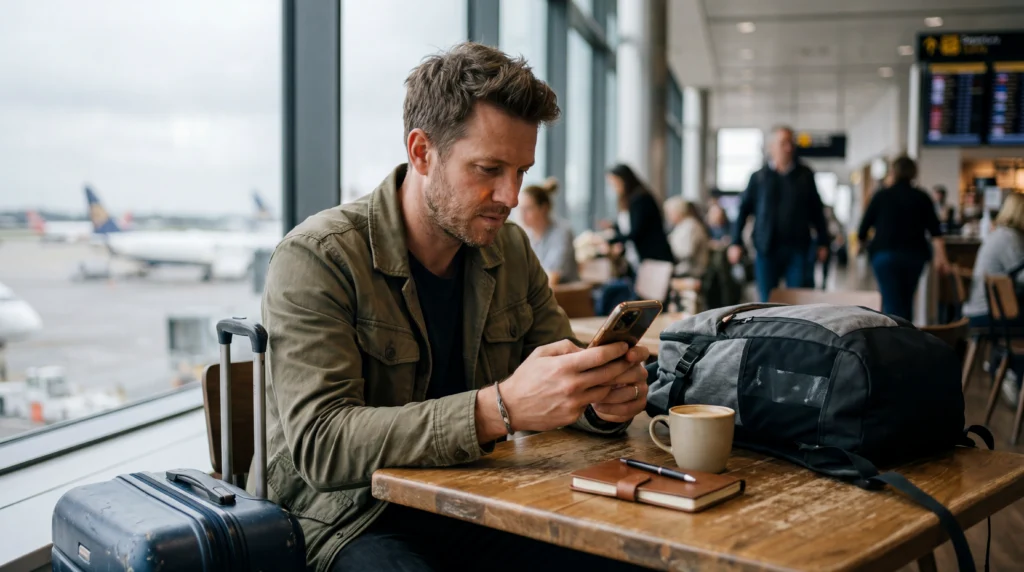 Traveler using offline apps on smartphone while traveling without internet