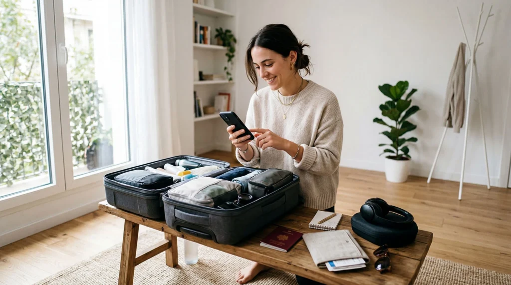 Traveler preparing phone and travel essentials offline before a trip