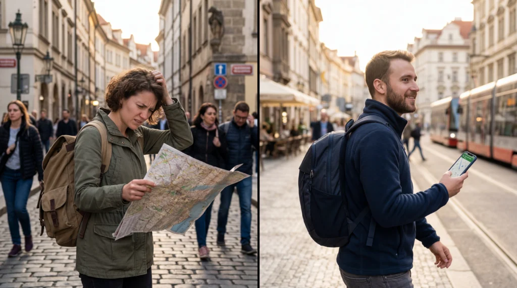 Comparison between offline travel using paper maps and online travel using smartphone with eSIM data abroad